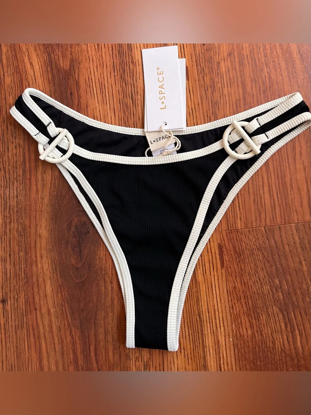 NWT L*SPACE Ribbed Black/white Bikini Set Ring Detail High Cut Bottom